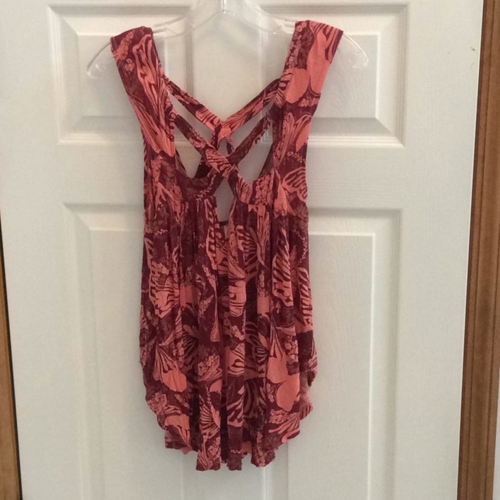Free People Sugar Cane Cherry Tropical Floral Print Criss Cross Flowy Tank-Small